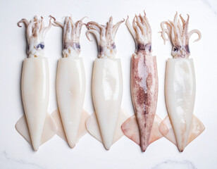 AI generated top view of fresh whole splendid squid with glossy skin and delicate tentacles arranged neatly showcasing premium seafood against clean white background