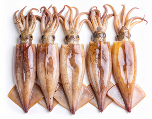 AI generated top view of fresh whole splendid squid with glossy skin and delicate tentacles arranged neatly showcasing premium seafood against clean white background
