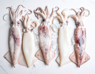 AI generated top view of fresh whole splendid squid with glossy skin and delicate tentacles arranged neatly showcasing premium seafood against clean white background