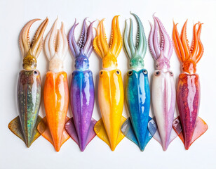AI generated top view of fresh whole rainbow cuttlefish with iridescent skin and distinctive bone structure arranged neatly showcasing exotic seafood against clean white background