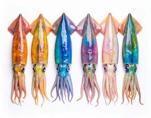 AI generated top view of fresh whole rainbow cuttlefish with iridescent skin and distinctive bone structure arranged neatly showcasing exotic seafood against clean white background