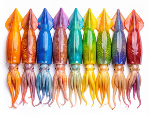 AI generated top view of fresh whole rainbow cuttlefish with iridescent skin and distinctive bone structure arranged neatly showcasing exotic seafood against clean white background
