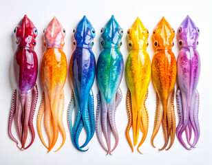 AI generated top view of fresh whole rainbow cuttlefish with iridescent skin and distinctive bone structure arranged neatly showcasing exotic seafood against clean white background