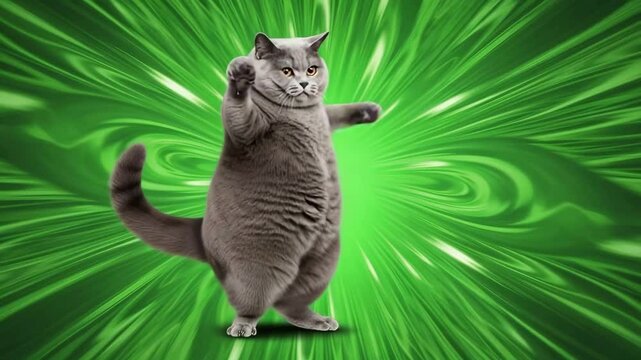 Gato gris, gordito y divertido bailando sobre un fondo abstracto, video.
