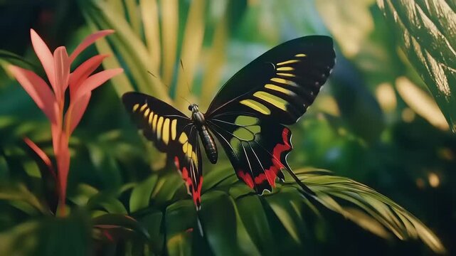 Magnificent Rajah Brooke's Birdwing Butterfly in Lush Tropical Foliage
