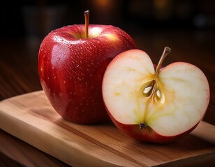 a vibrant red apple resting on a wooden cutting board with a slice neatly cut off to reveal the bright
