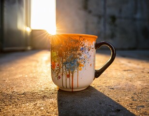 warm sunlight glow on artistic paint splatter mug urban concrete background