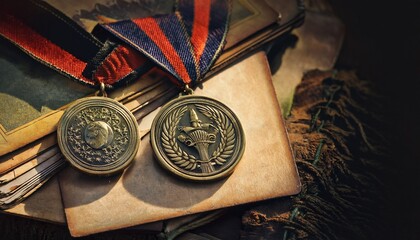 vintage military medals displayed on old photographs