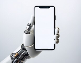 robot hand holding a bezel less smartphone with a blank white screen white background