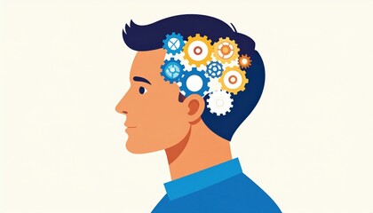 Man Profile View With Gears In Brain Illustration