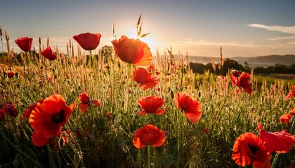 red poppies blooming against a sunlit field