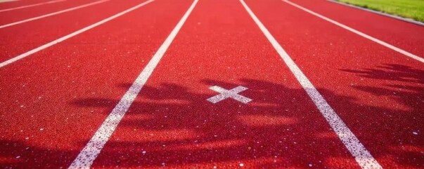 Worn red running track with lane markings, textured surface, competition, worn