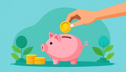 Hand Depositing Coin Into Pink Piggy Bank