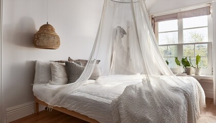 white mosquito net hanging over a bed in a bright airy bedroom