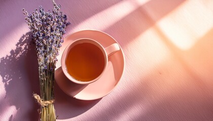 warm sunlight glow on cartoon mug soft pink lavender flat lay