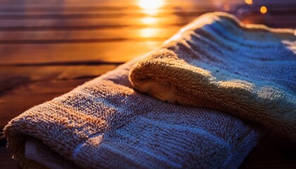 warm sunlight glow on hand towel macro wood texture neon lights reflection
