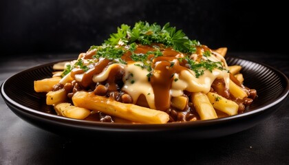 gourmet poutine on a black ceramic plate garnished with fresh parsley and coarse black pepper on top thick fries with premium melted cheese and thick gravy ai generated images