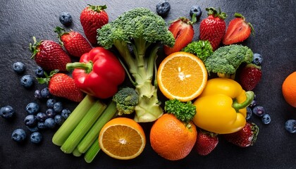fresh fruits and vegetables arranged on dark slate background featuring oranges strawberries blueberries broccoli celery and bell peppers creating vibrant and healthy display