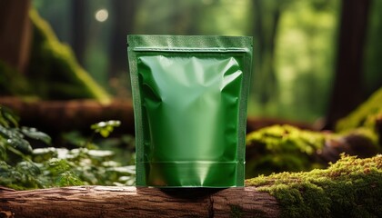 mockup green food standing pouch standing on a piece of wood in the forest ai generated images