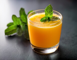 a refreshing glass of orange juice garnished with a mint sprig tasty beverage food