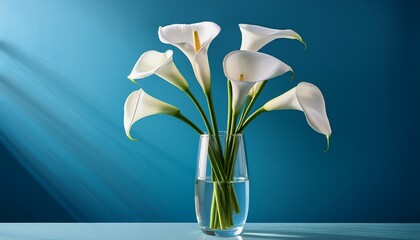 calla lilies zantedeschia tall elegantly curved glass vase filled with pale blue water holding a bouquet of pure white calla