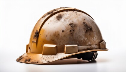 worn construction helmet with visible scratches and dust isolated on a white background