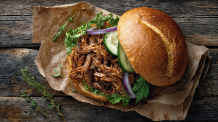 A top-down image of a pulled pork sandwich on a brioche homemade bun. Cucumbers, onions, and lettuce. It is resting on a vintage wooden table.