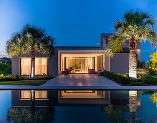 modern house luxury villa home exterior dusk evening view of contemporary home garden driveway palm trees and reflections