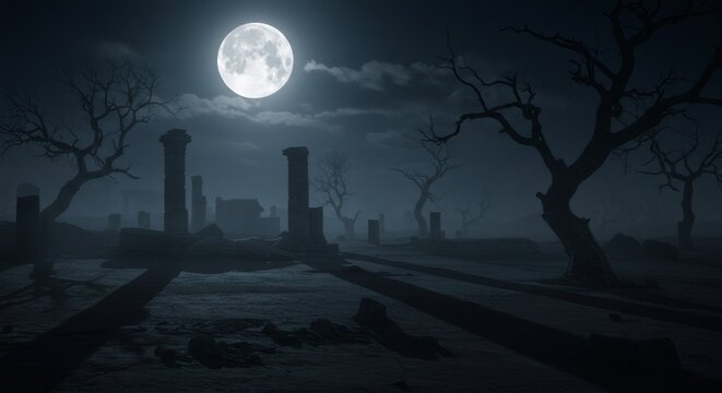 Full moon illuminating an ancient, ruined temple with barren trees at night. Scary Halloween landscape with an eerie atmosphere.