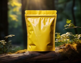 mockup yellow food standing pouch standing on a piece of wood in the forest ai generated images