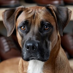 Fototapeta premium Close-up of a dog's head, light brown coat, dark eyes, looking directly at camera