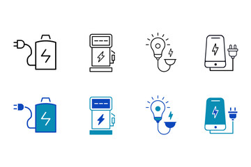 Charging solid line  icons set. Charge, battery, energy, electricity, charger, recharge, electric car and charging station symbols. Editable Vector illustration