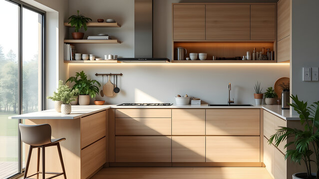 Modern kitchen interior with wooden furniture k professional advertising photography