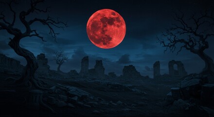 Spooky Halloween night with red blood moon casting an eerie glow over a desolate, ruined landscape. Horror concept.
