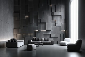 Sophisticated living room featuring a gray geometric wall design, matching sofas, and a sleek, modern aesthetic with ample natural light.