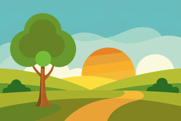 Fototapeta premium Vibrant Tree Field Animation Video Background with Sunrise Vector