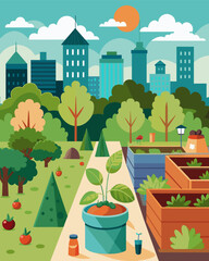 A community garden in an urban area effectively manages its composting and water usage producing fresh produce without putting strain on municipal resources.. Vector illustration