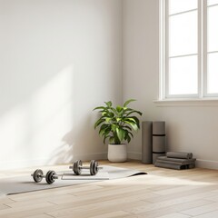 Home Gym Setup with Dumbbells, Yoga Mat, and Houseplant