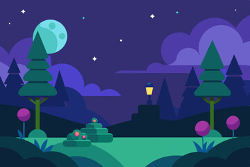 Naklejka premium Peaceful Night Garden Animation Cartoon Video Background with Glowing Sky Vector