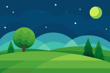 Obraz premium Beautiful Starry Night Animation Cartoon Video Background Over Green Fields Vector