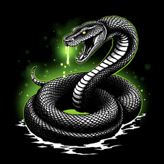 A high-contrast, graphic t-shirt design depicts a coiled viper poised to strike, aggressively angled towards the viewer. 