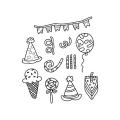 Hand-Drawn Party Elements Including Hats, Balloons, and Decorations
