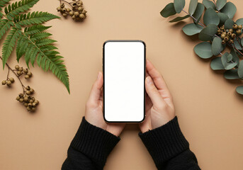 Hand Holding Smartphone Mockup with Blank Screen on Brown Background