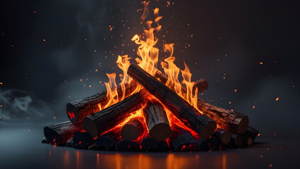 Burning Campfire with Glowing Embers, Generative Ai