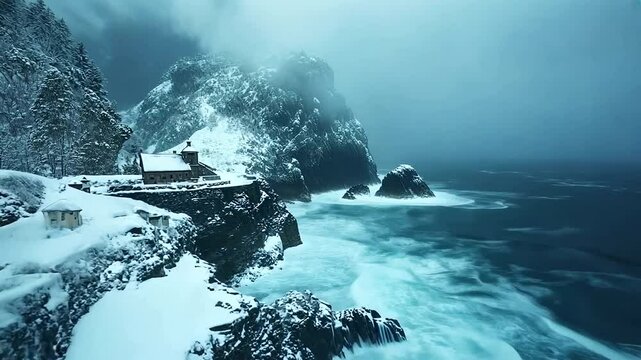 Snowy Landscape with Rocky Cliff and Ocean - Powered by Adobe