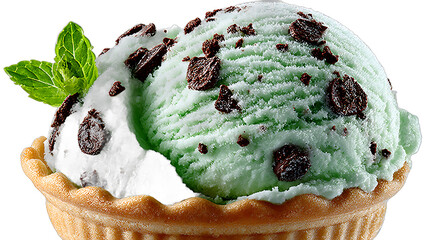 Mint Chocolate Chip Ice Cream in Waffle Cone with Mint Leaf Garnish