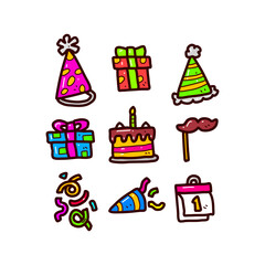 Colorful Party Icons Including Hats, Gifts, Cake, and Confetti