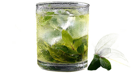 Refreshing Iced Herbal Tea Drink in Glass with Leaves