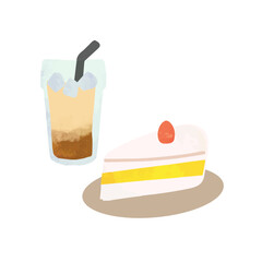 絵本風ショートケーキとアイスカフェラテ