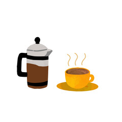 絵本風のコーヒープレスとカップ